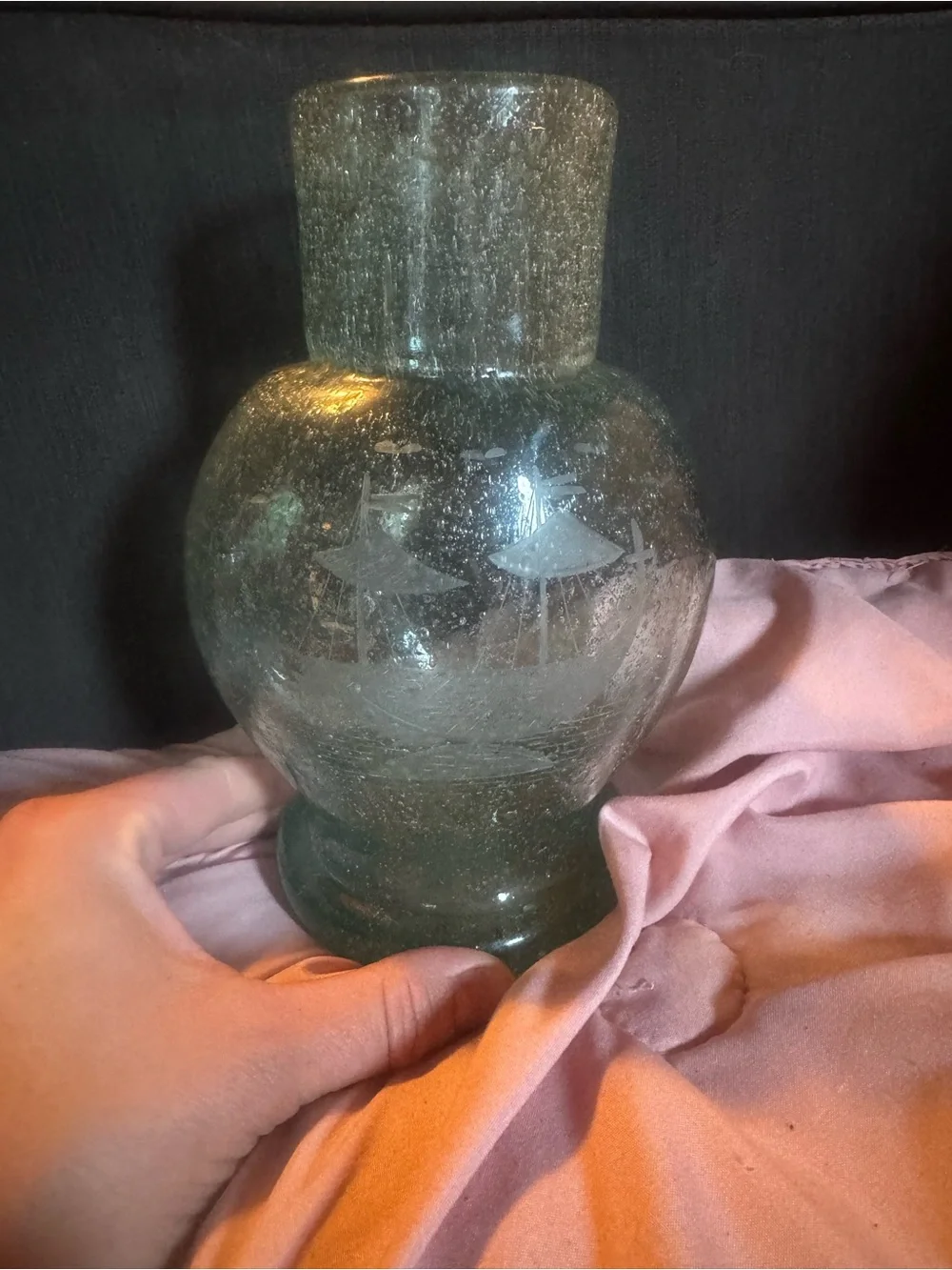 Aqua bubble glass handblown vase with boat etching very rare HTF EUC